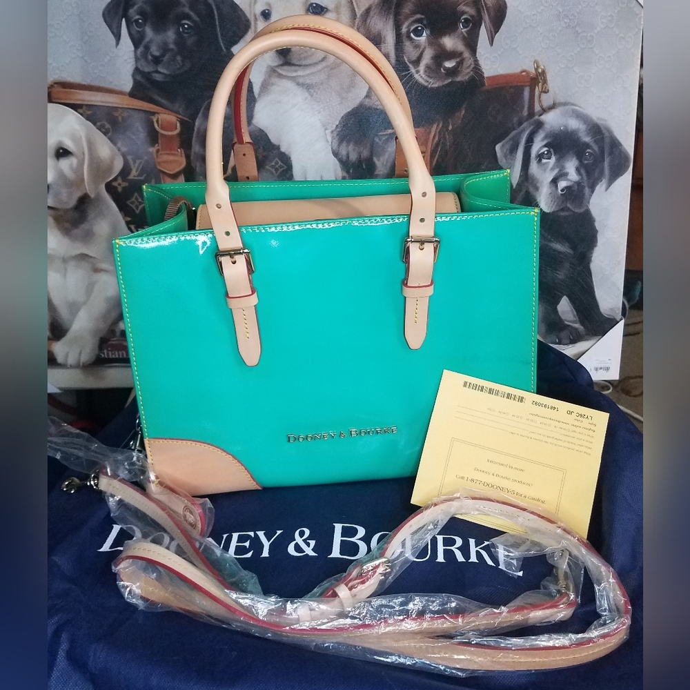 Dooney & Bourke Teal Patent Satchel with Natural Trim